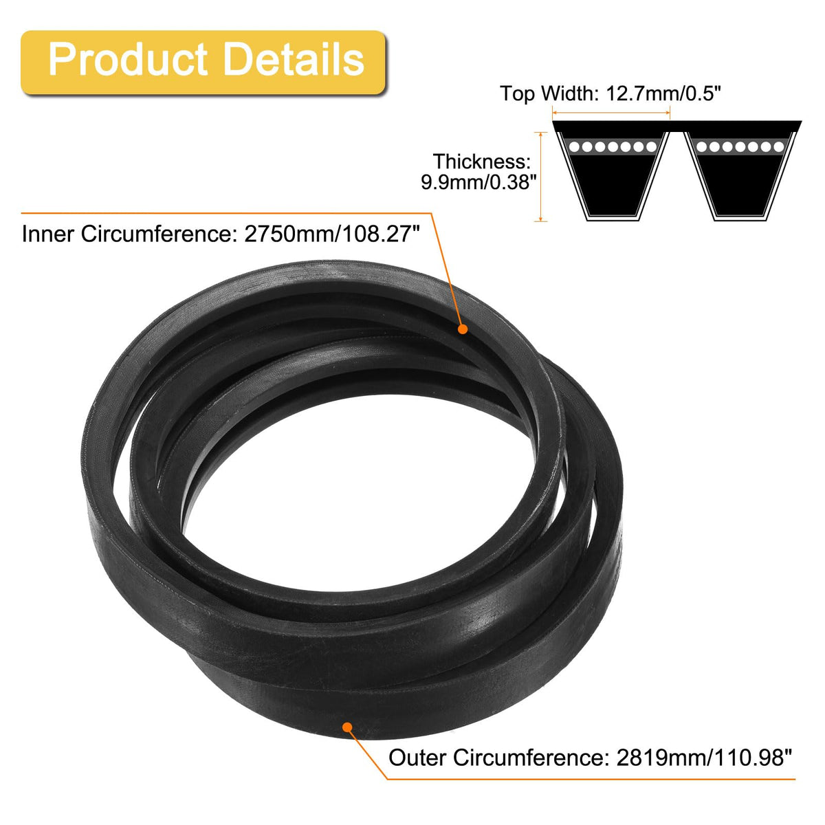 uxcell 2/B108 Classic Wrapped 2 Banded 111" Outer Circ B Profile V-Belt