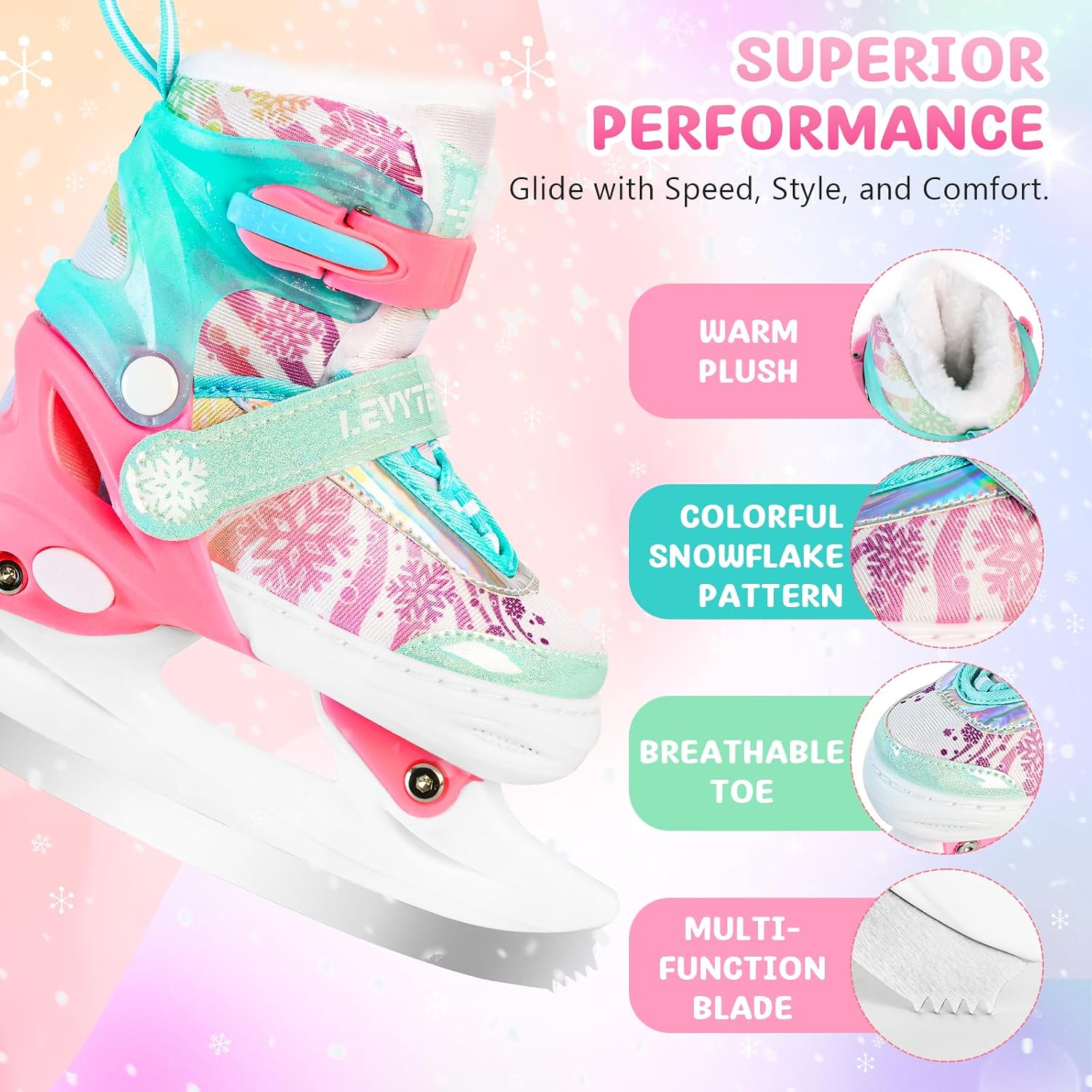 Adjustable Ice Skates for Kids Boys Girls - Warm Fleece Lined, 4 Size Adjustable Beginner Snowflake Blades Ankle