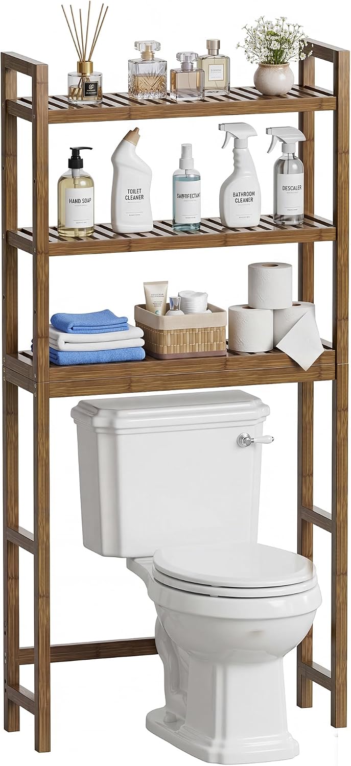 Bathroom Storage Shelf, Bamboo Over-The-Toilet Organizer Rack, Freestanding Toilet Space Saver with 3-Tier Adjustable