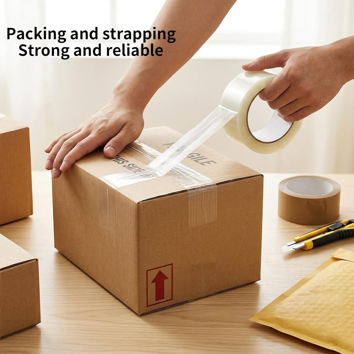 Strapping Tape 2 Inch x 35 Yards 1 Rolls, Heavy Duty Tape for Cargo, Clear Packing Tape Reinforced with Mono