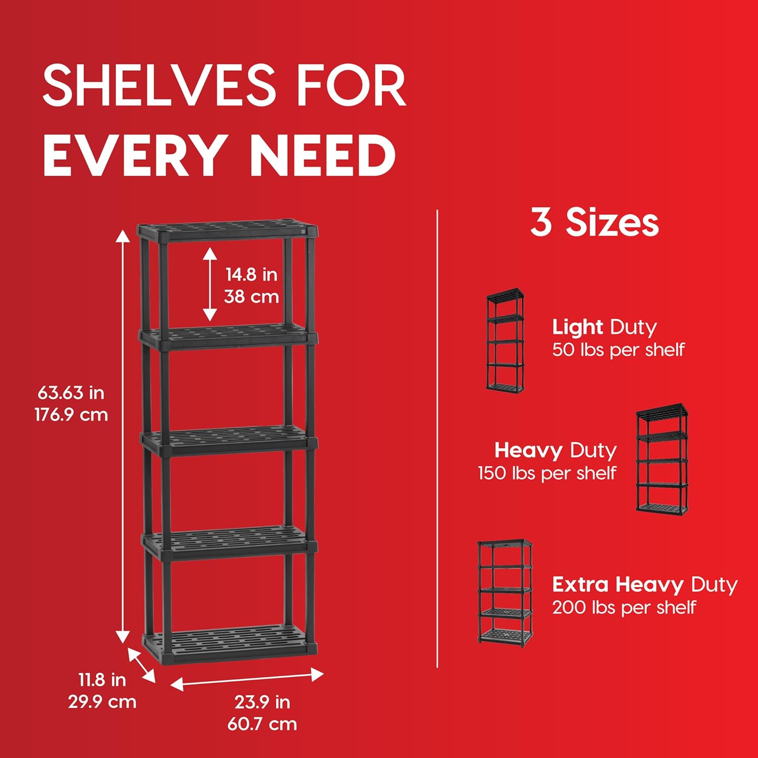 5-Shelf Light Duty Plastic Storage Shelves, 250lb Capacity, 64" H x 24" W x 12" D, Medium Modular Shelving Unit