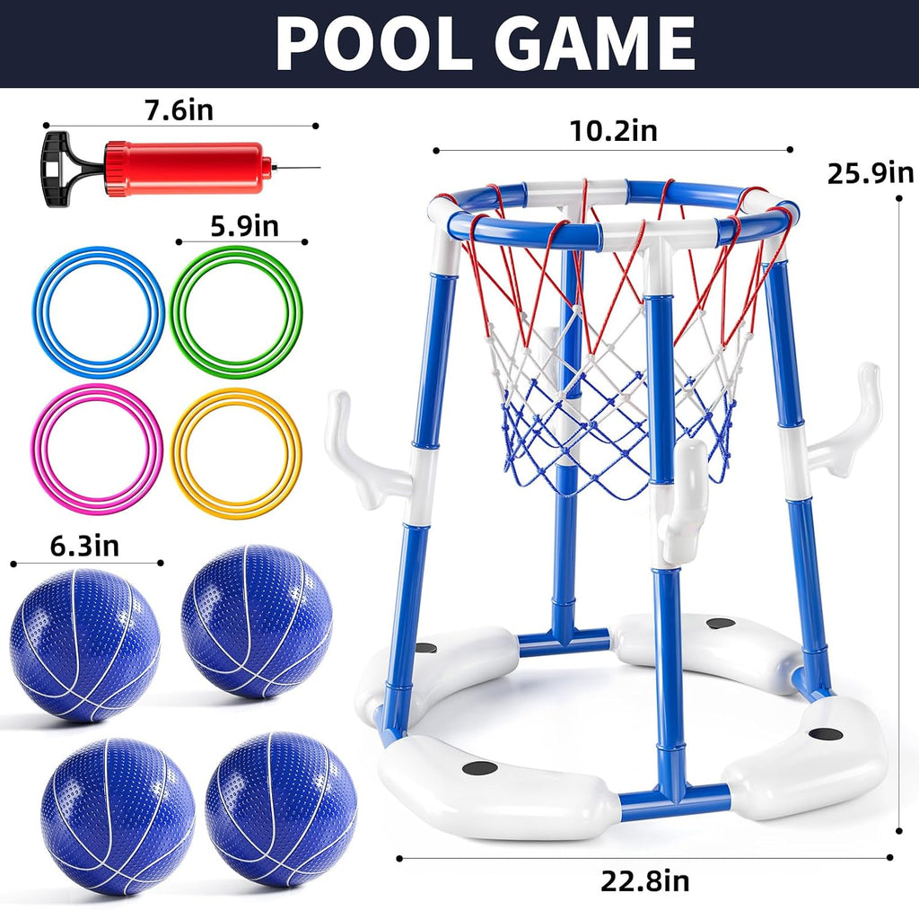Pool Basketball Hoop, 2-in-1 Floating Pool Toys Ring Game with 4 Balls and Pump, Outdoor Swimming Pool Basketball