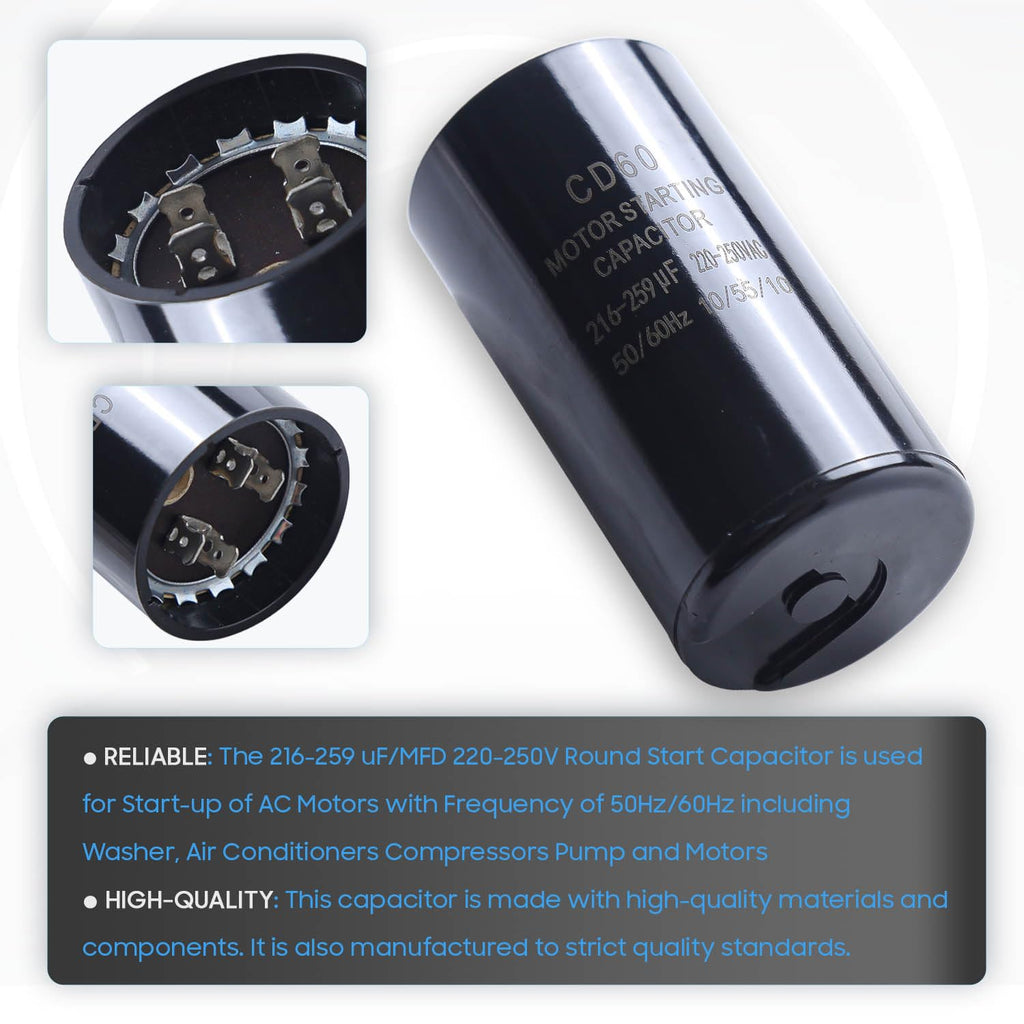 Seentech 216-259 uf/MFD 220-250 VAC ±20% CD60 Round Motor Start Capacitor 50/60 Hz AC Electric Motor Universal Fit for AC Motor Run or Fan Start and Cool or Heat Pump Air Conditioner