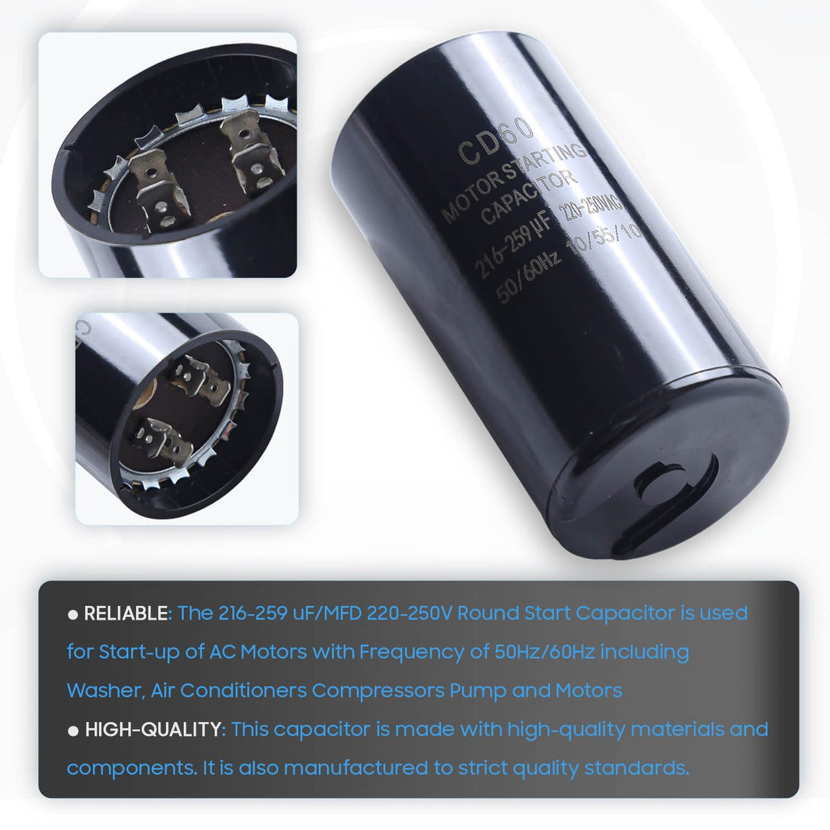 Seentech 216-259 uf/MFD 220-250 VAC ±20% CD60 Round Motor Start Capacitor 50/60 Hz AC Electric Motor Universal Fit for AC Motor Run or Fan Start and Cool or Heat Pump Air Conditioner