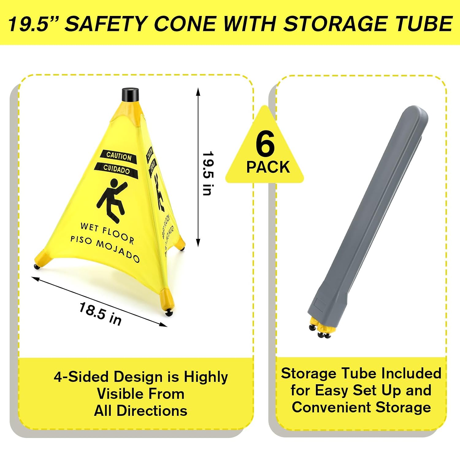 6 Pcs 19.5 Inch Wet Floor Sign Pop-up Safety Cone with Storage Tube Wet Floor Symbol Yellow Warning Sign for Retail