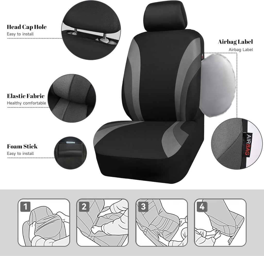 Line Rider Sporty Front Seat Covers,Gray Car Seat Covers Two Front Seats Only, Airbag Compatible,Universal Fit