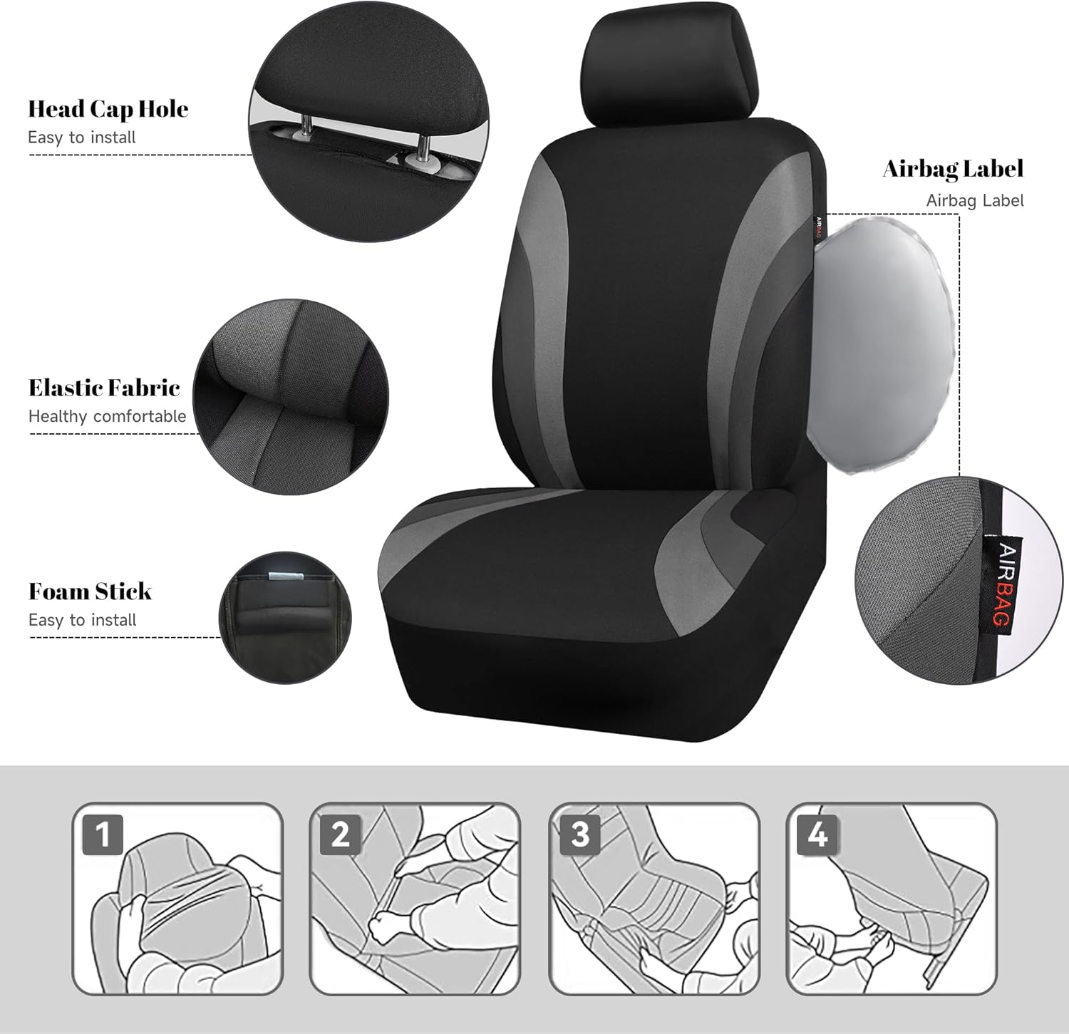 Line Rider Sporty Front Seat Covers,Gray Car Seat Covers Two Front Seats Only, Airbag Compatible,Universal Fit