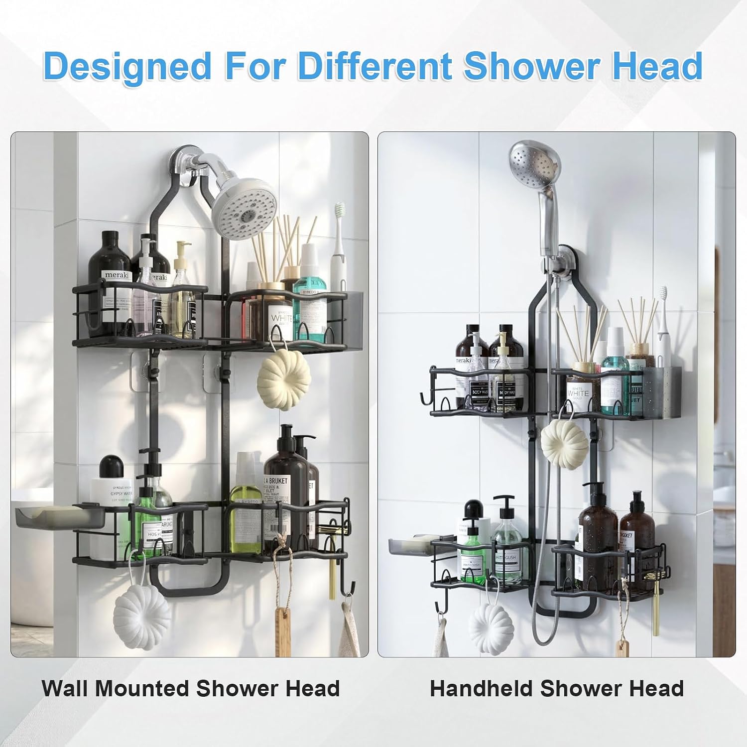 Shower Caddy Hanging Organizer Over Showerhead, Rustproof Black | 2-Tier No-Drill Hanging Shower Organizer with