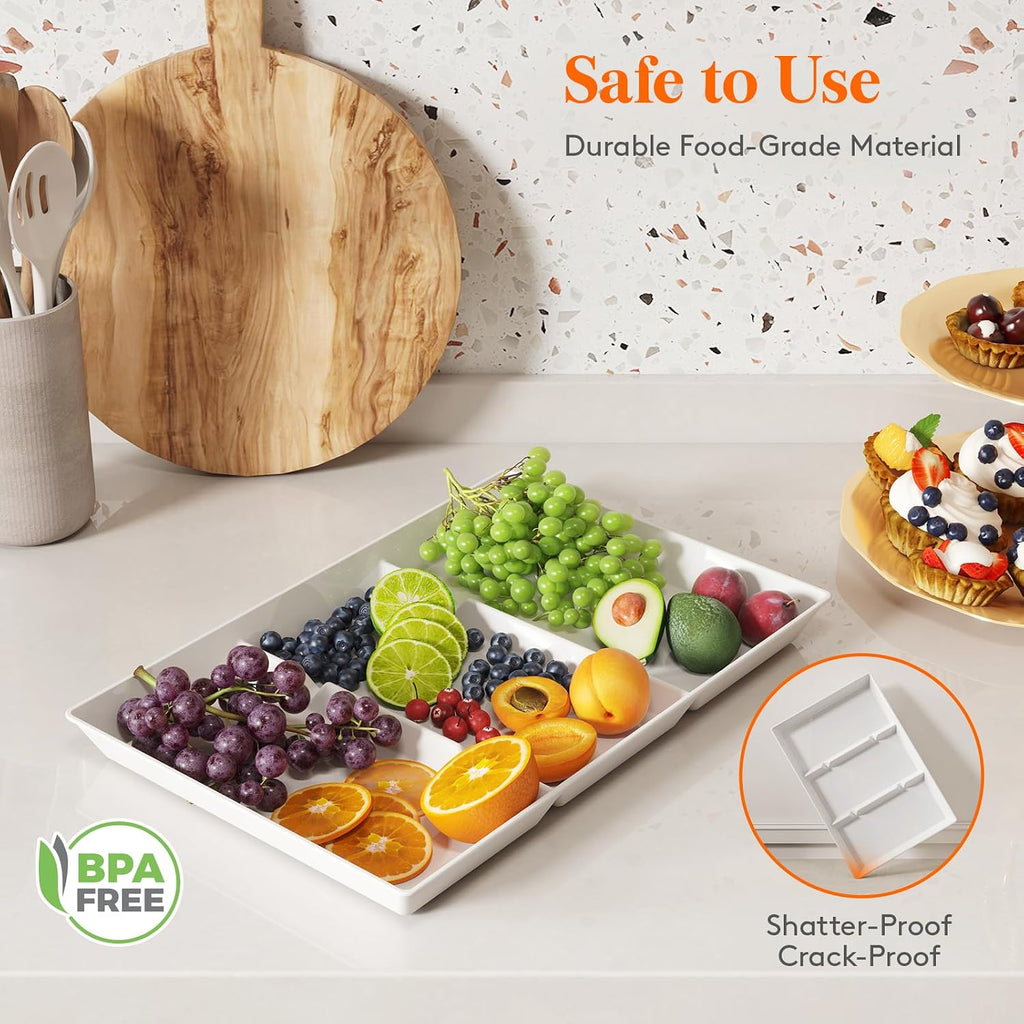 Divided Serving Tray for Party, 4 Pack Plastic Food Serving Platter
