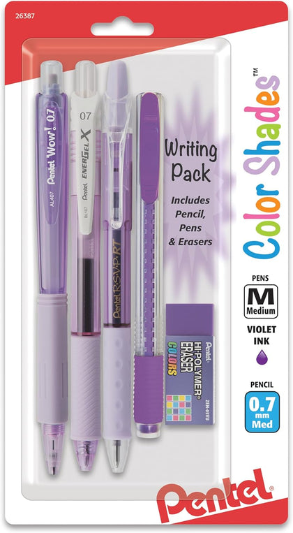 Color Shades Writing Pack - Includes; Pencil, Pens, and Erasers- Pastel Violet (BLBKALZBPV)