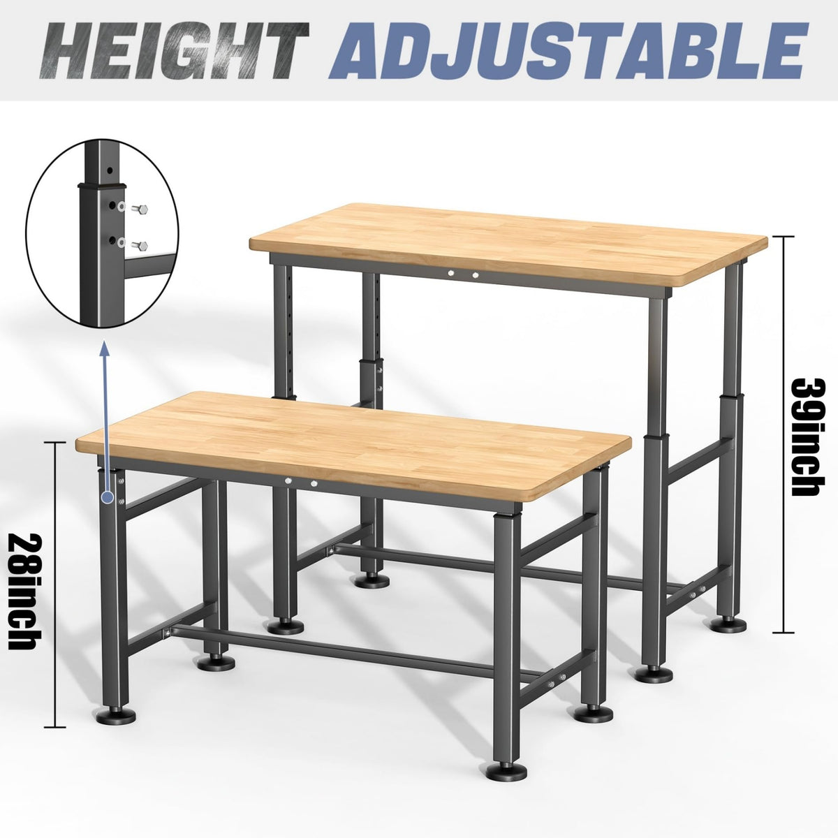 Heavy Duty Rolling Adjustable Height Workbench 42" x 20" for Garage