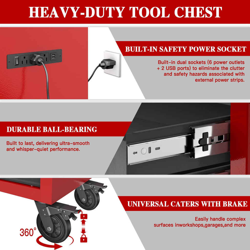 60'' Rolling Tool Chest Combo, 18-Drawer Heavy Duty Steel Tool Cabinet with Power Outlet, Locking System & Wheels