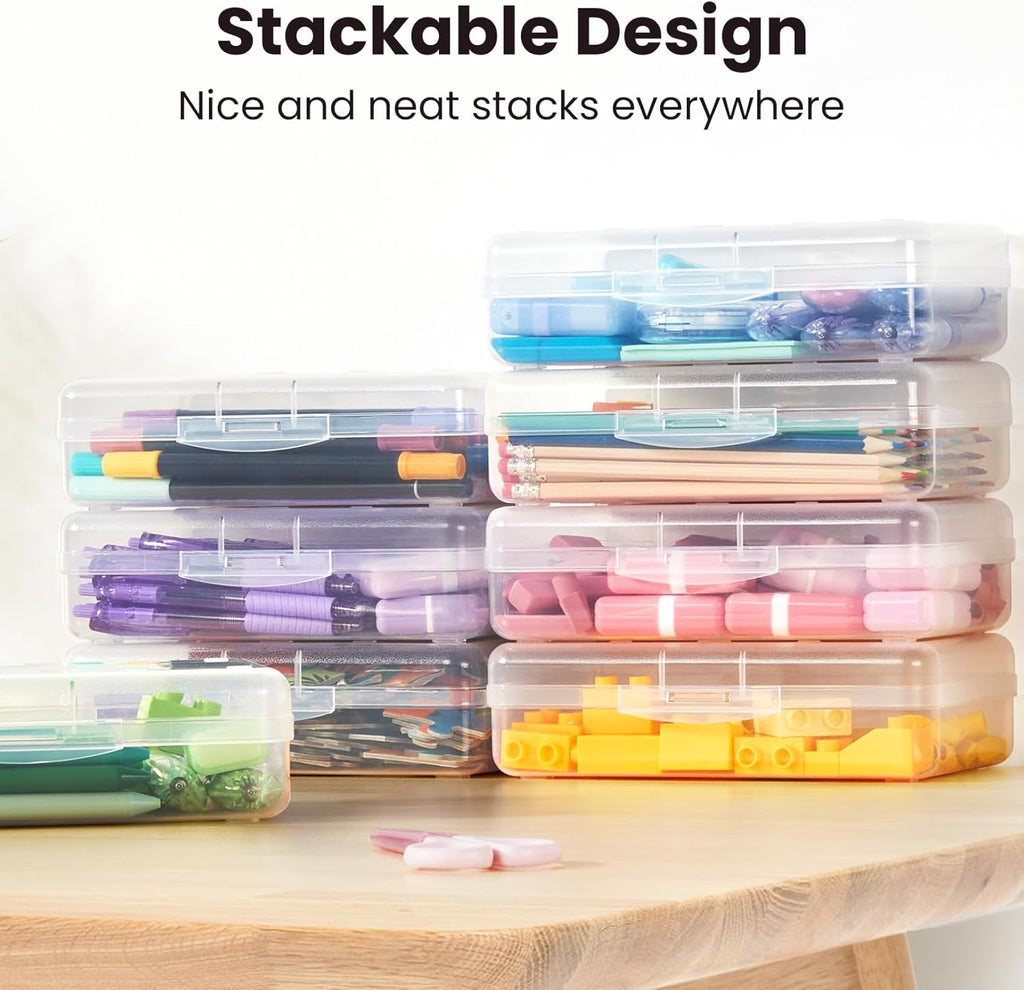 6 Pack Pencil Box, Hard Pencil Boxes for School Supplies Bulk | Large Plastic Pencil Case with Lid, Clear Pencil