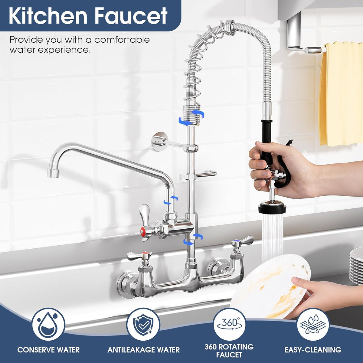 Commercial Wall Mount Kitchen Faucet with Pull Down Pre-Rinse Sprayer, Adjustable Swing Spout, Heavy-Duty Utility