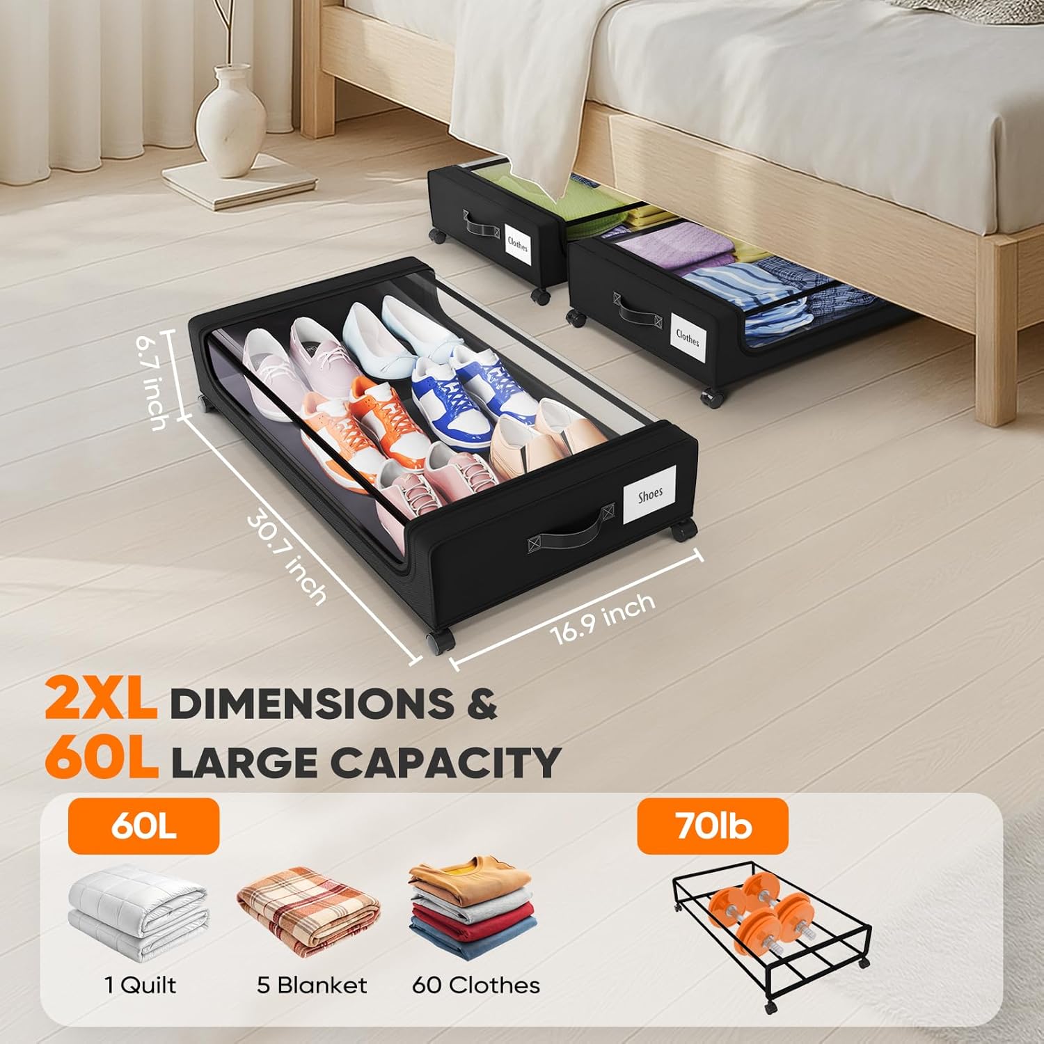 Under Bed Storage with 360° Wheels, 2-Pack, 60L Low-Profile Rolling Underbed Bins for Clothes, Shoes, Toys &