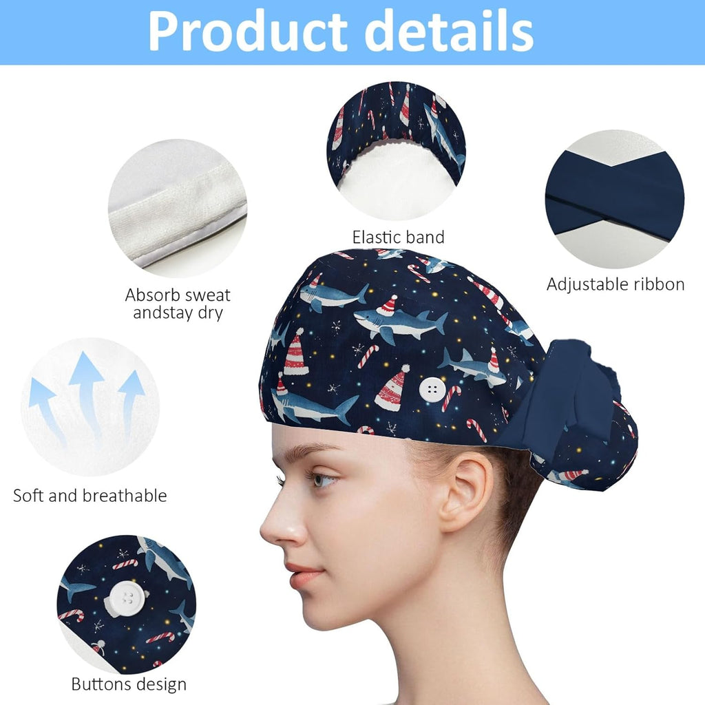 Scrub Caps Women Ponytail, Adjustable Surgical Caps with Buttons and Sweatband, Bouffant Hat with Hair Scrunchy