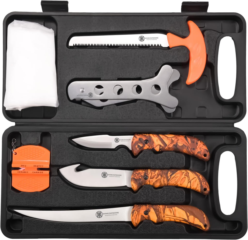 Hunting Deer Knife Set Field Dressing Kit Portable Game Processor Set Red Maple Camo Handle, 8 Pieces | Red Maple