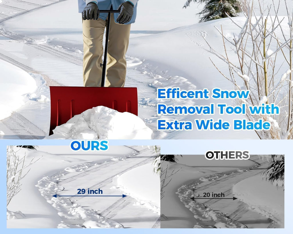 Heavy-Duty Snow Pusher with Wheels, 29" Snow Shovel Plow for Driveway, 5-Position Adjustable Handle, Lightweight Wide