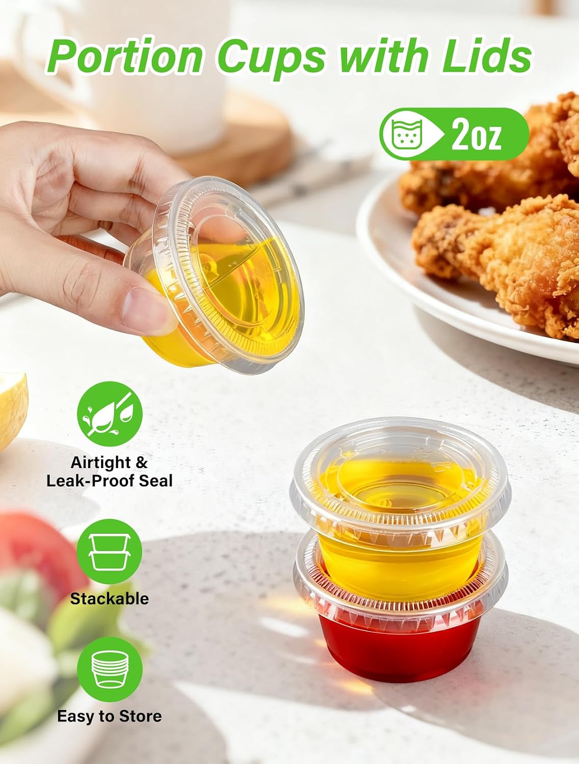 200 Sets 2 oz Portion Cups with Lids, Condiment Cups | BPA-free plastic cups with secure lids, ideal for sauces