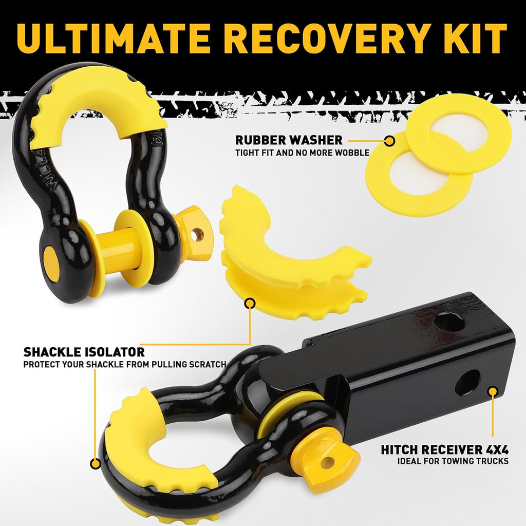 3" x 30Ft Recovery Tow Strap Heavy Duty with Hooks - 36000 LBS Break Strength, 2" Shackle Hitch Receiver + 3/4 D Ring
