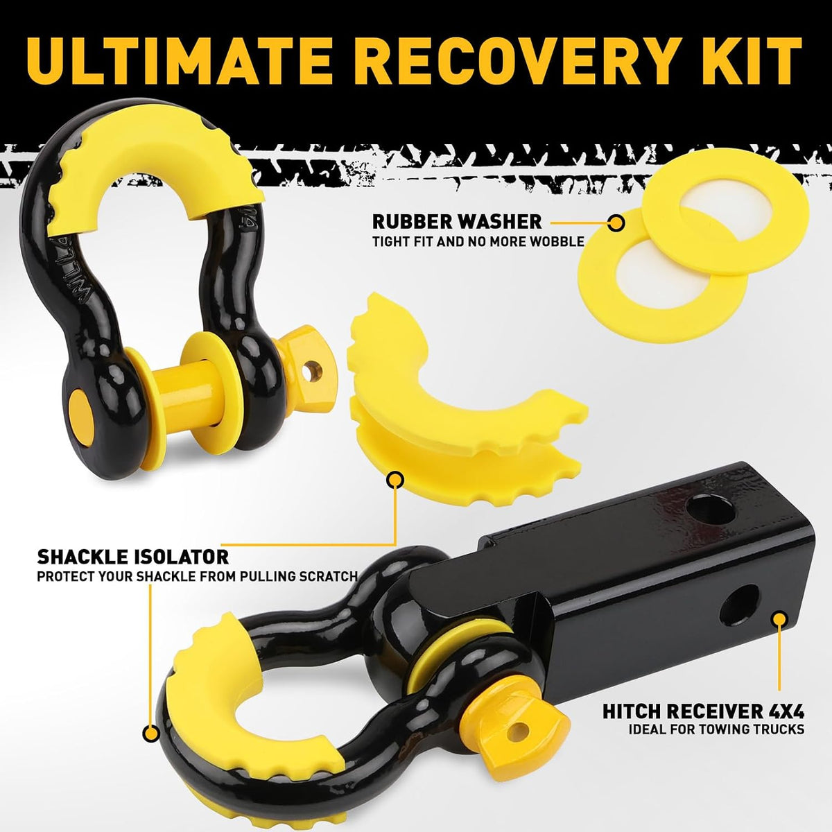 3" x 30Ft Recovery Tow Strap Heavy Duty with Hooks - 36000 LBS Break Strength, 2" Shackle Hitch Receiver + 3/4 D Ring
