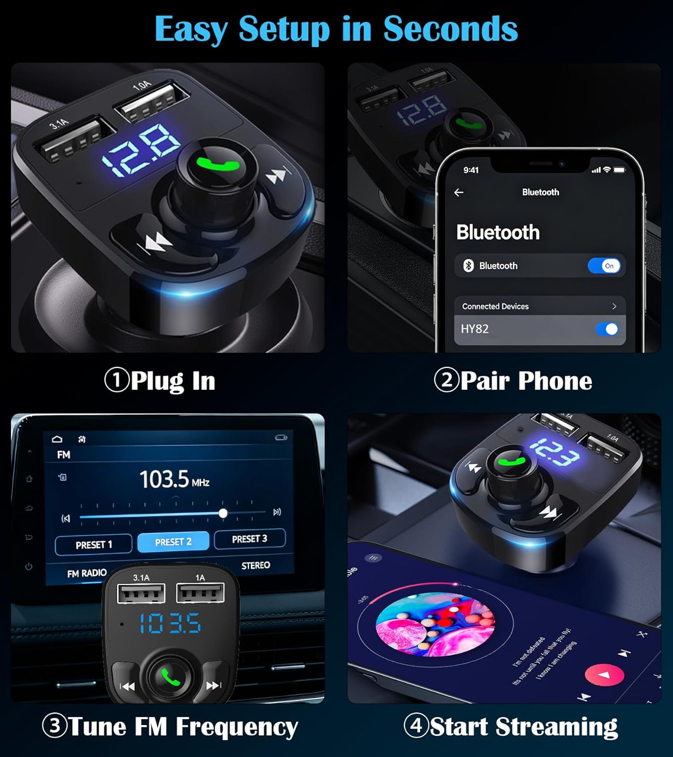 Bluetooth Car Adapter 5.3, FM Transmitter, Dual USB Charger | Stream music, Spotify and GPS navigation with