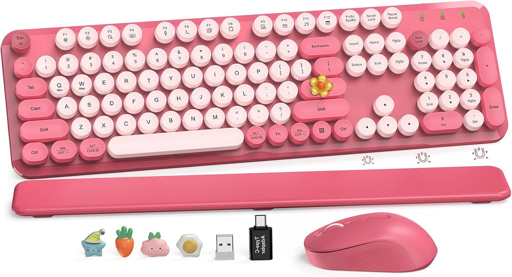 Wireless Keyboard and Mouse Combo, Round Keycaps, Magnetic Wrist Rest, Pink | Full-Size Retro Typewriter-Style
