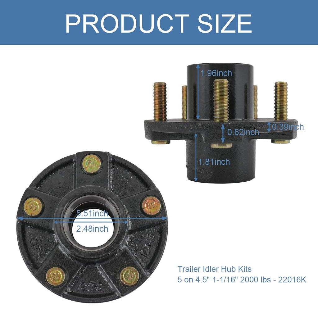 2 Trailer Idler Hub Kits 5 on 4.5" Replacement for Axle 1-1/16" Bearings 2000 lbs - 22016K