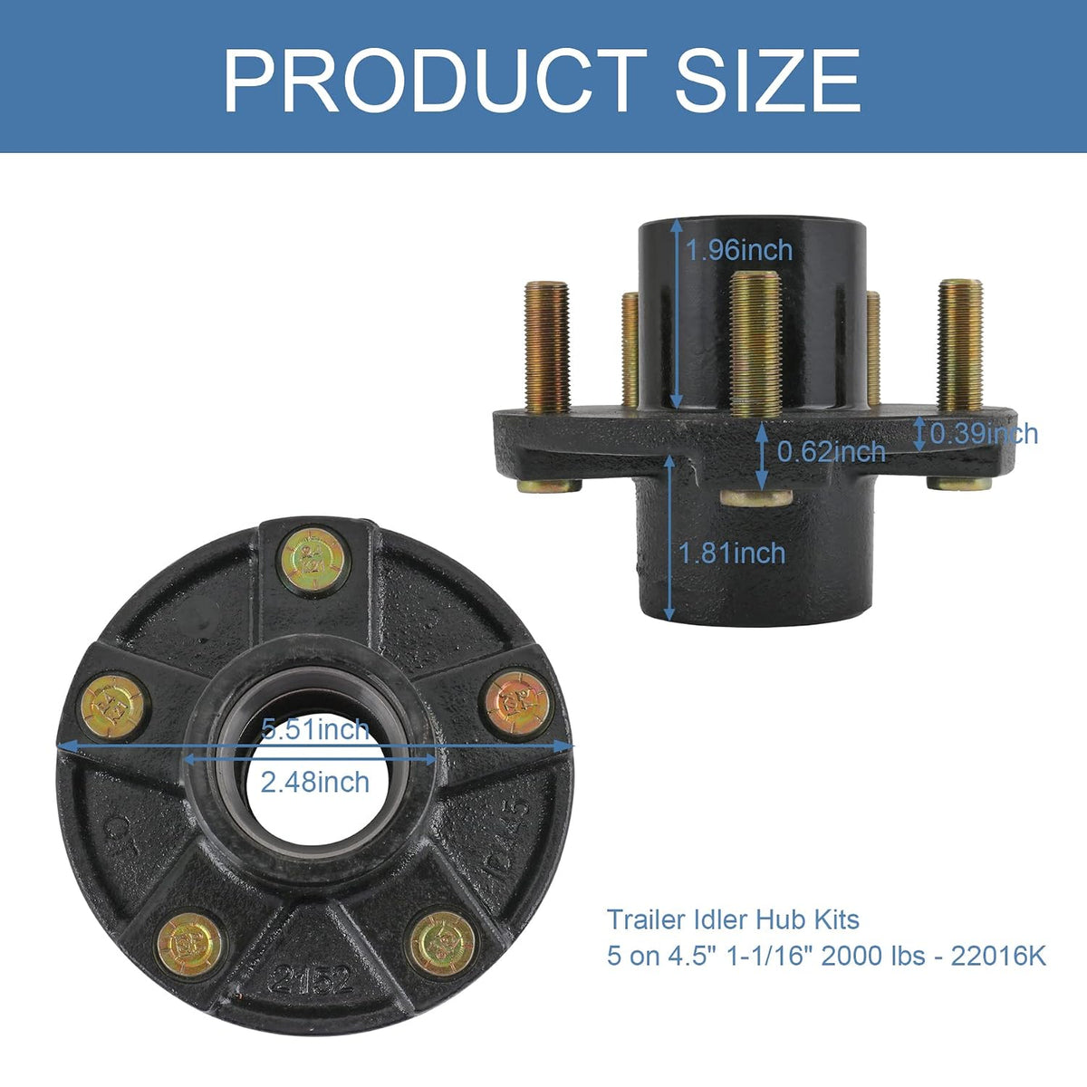 2 Trailer Idler Hub Kits 5 on 4.5" Replacement for Axle 1-1/16" Bearings 2000 lbs - 22016K