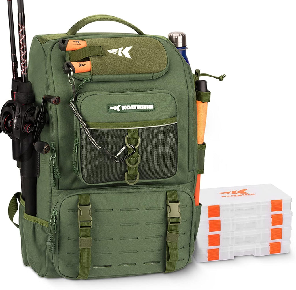 KarryAll Fishing Backpack with Rod Holder 4 Tackle Boxes, 40/26L | Tackle Bag Storage Fishing Gear and Equipment