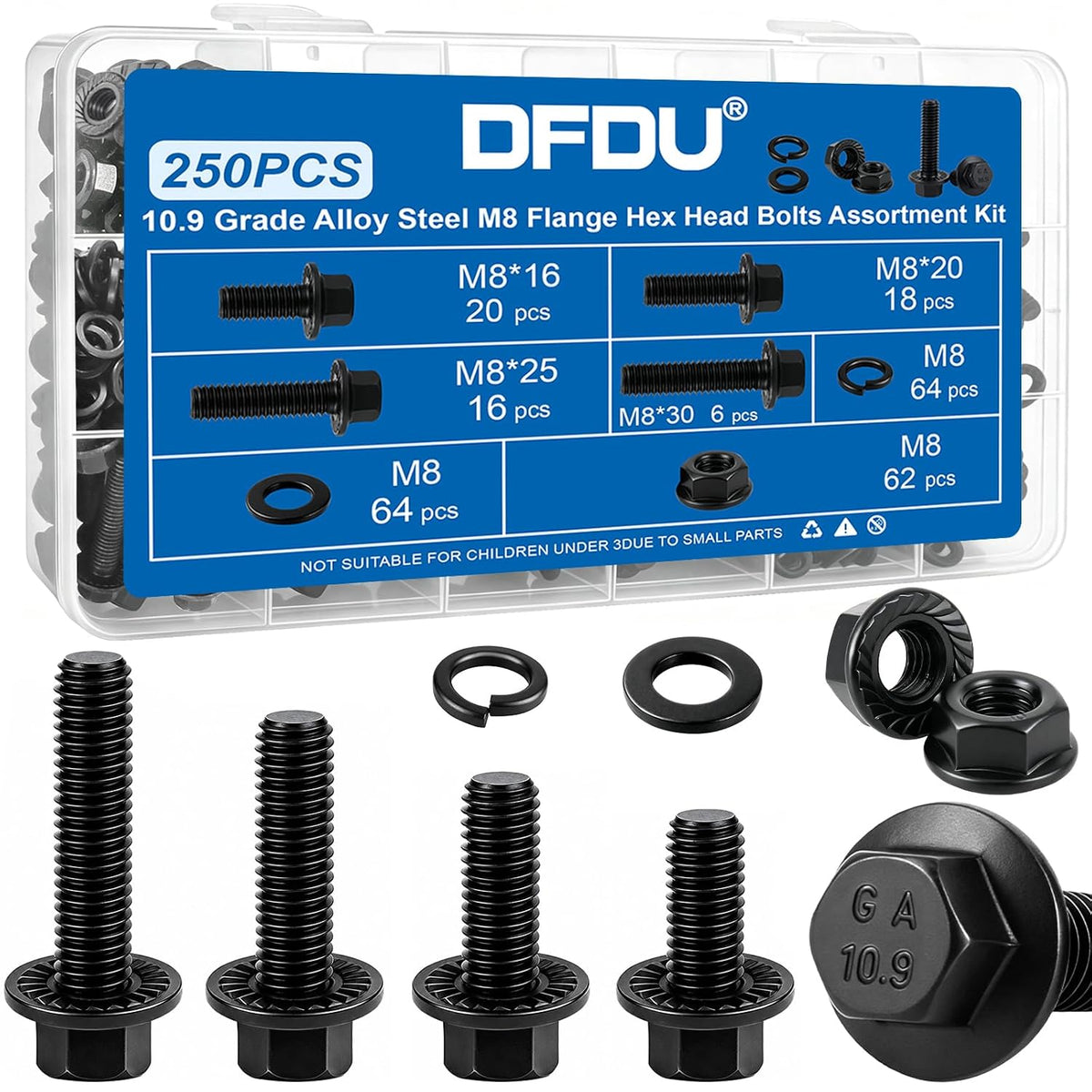 250PCS M8 Flange Hex Screws Nuts Assortment Kit, M8-1.25x16/20/25/30mm