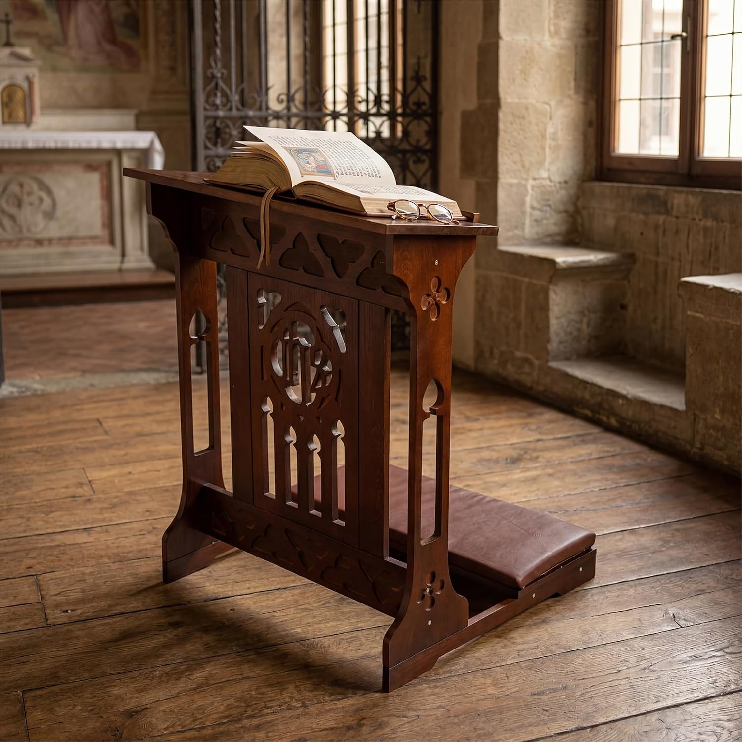 Florentine Prayer Bench Kneeler Church Prayer Bench Stool with Shelf and Cushion Prayers Kneeler for Home Church