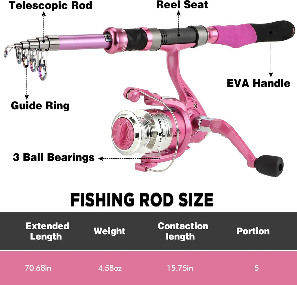 Fishing Rod and Reel Combos, Fishing Gear Gifts for Women with Spinning Reel, Lures, Line, Pink Ladies Telescopic