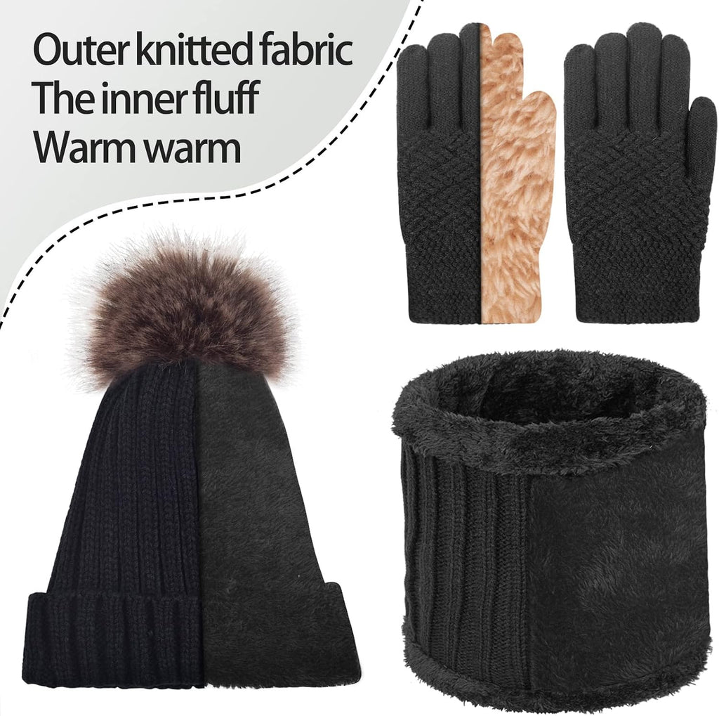 Kids Winter Knit Beanie Hat Scarf Gloves Set for Girls Boys Warm Thick Fleece Lined Cap with Pompom Mittens Neck Warmer