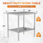30 x 36 Inch All Stainless Steel Work Table, Commercial Prep Table