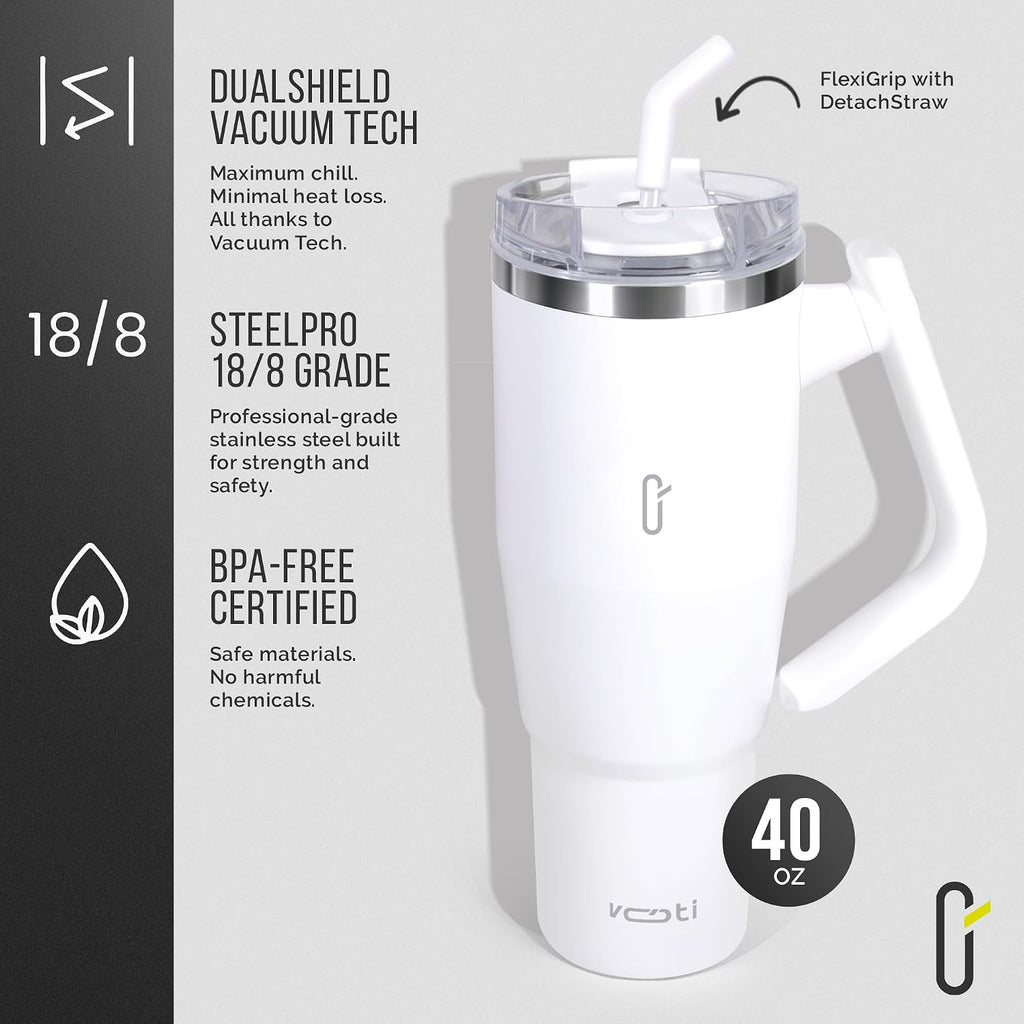 V180 40oz Insulated Tumbler with Lid and Straw, 180° Rotating Tumbler Handle for Easy Grip, Keeps Drinks Hot or Cold