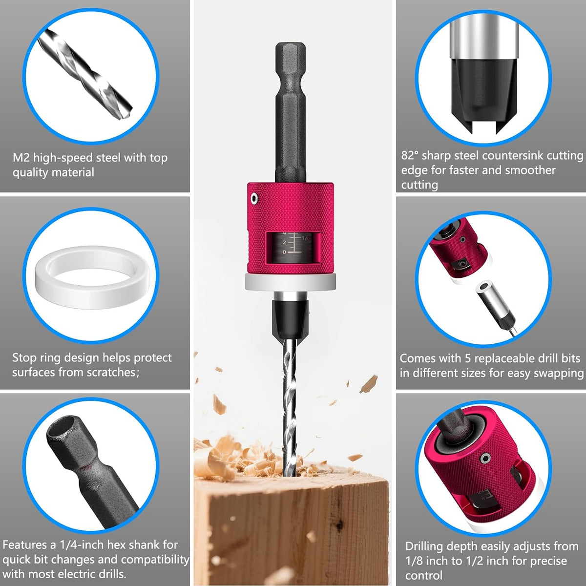 BURMONG 5-Piece Countersink Drill Bit Set with Adjustable Depth Stop, 1/4" Hex Shank Quick Change Drilling Tool Kit, 82° Woodworking Chamfer Bits for Wood, Plywood, MDF, Plastic