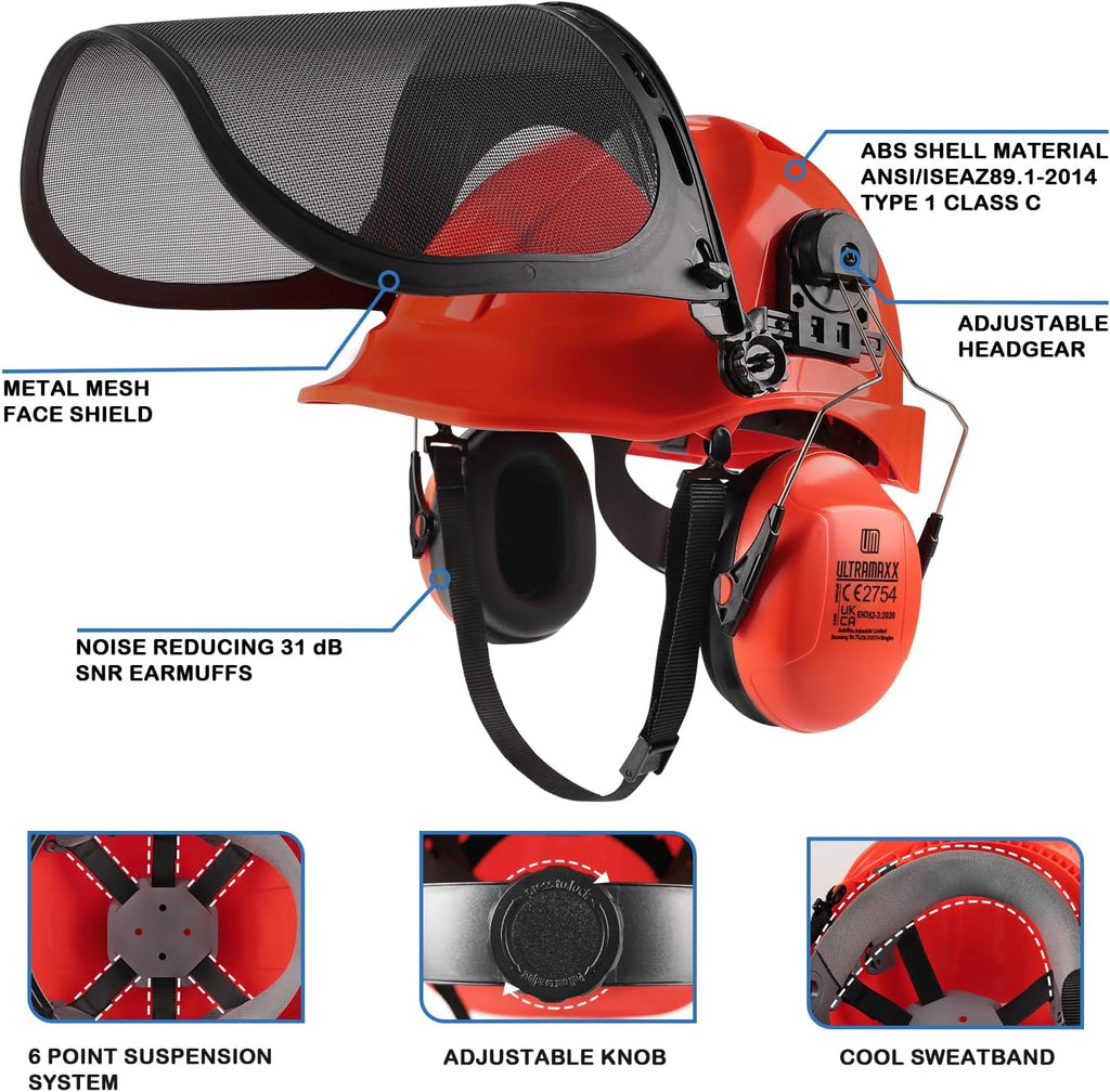6-in-1 Chainsaw Helmet with Face Shield and Hearing Protection Ear Muffs, Forestry Safety Hard Hat Kits, ANSI Z89.1