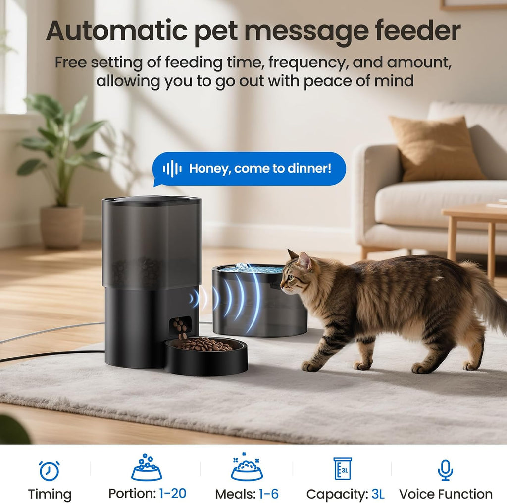 Automatic Cat Feeder and Water Fountain 2-in-1, Smart Timed Cat Food Dispenser with 2.4G WiFi APP Control, Automatic