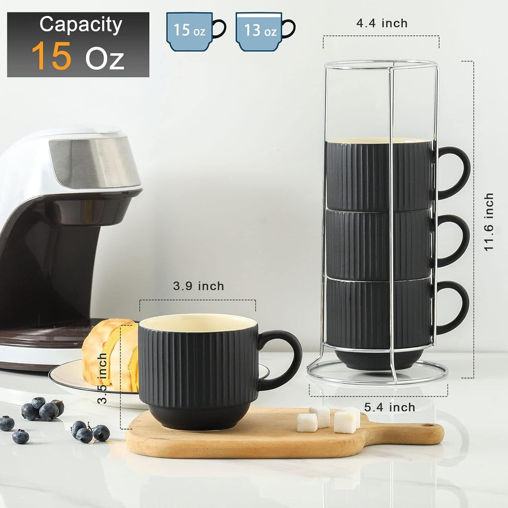 Coffee Mug Ceramic Set of 4 with Stand, Stackable Large Latte Cups with Metal Stand, Dishwasher & Microwave Safe