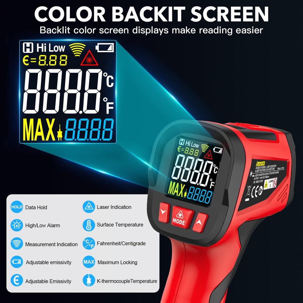 Infrared Thermometer Laser Temperature Gun, Adjustable Emissivity, 1202℉