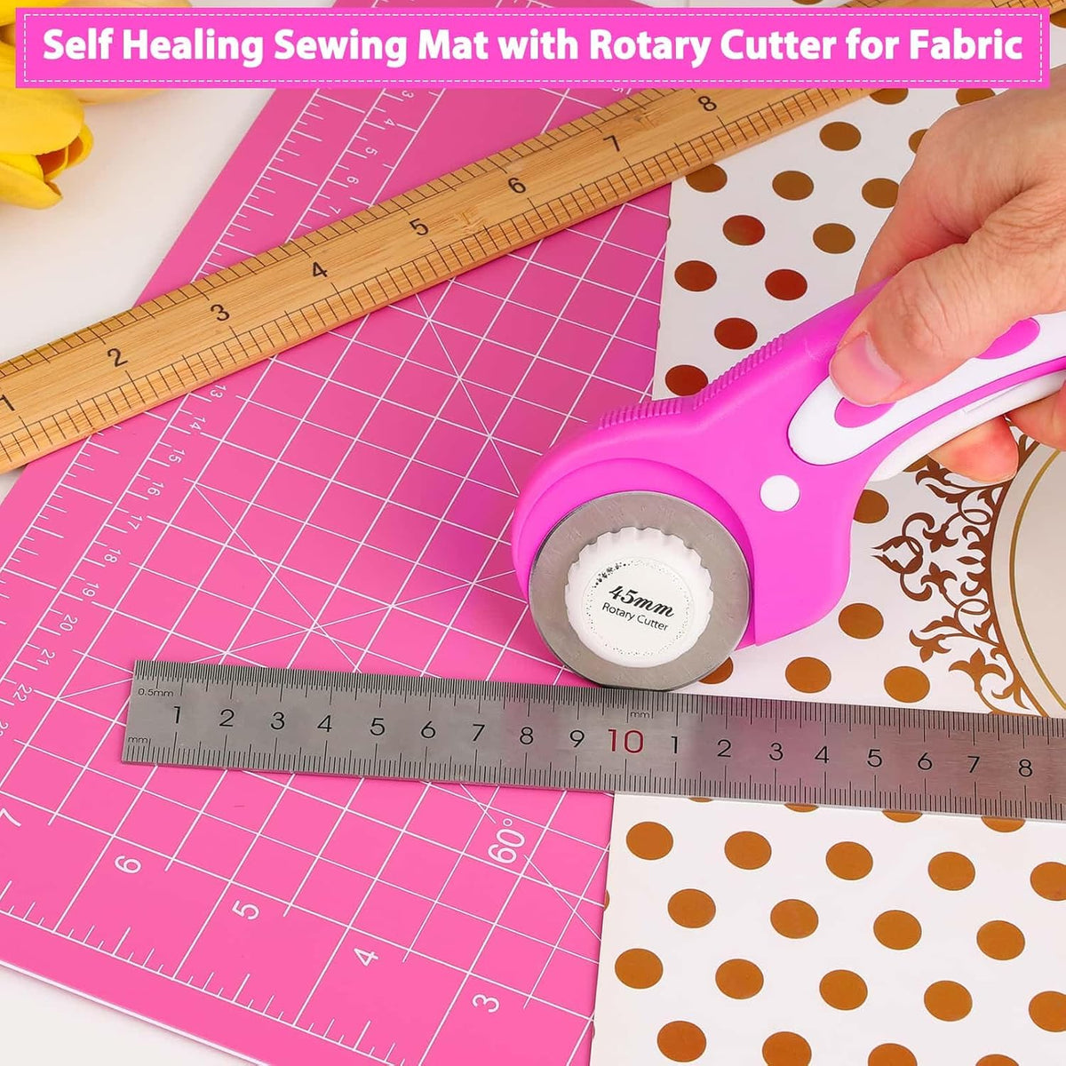 Rotary Cutter and Mat Set, Audab Self Healing Sewing Mats Shirt Cutter 45mm Fabric Cutter Wheel with 2 Blades Rotary