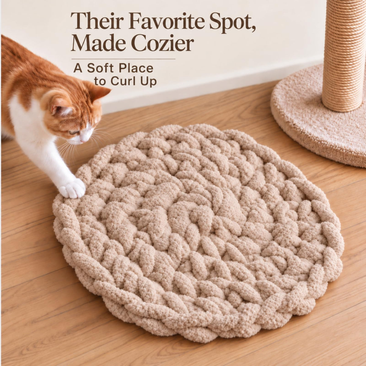Cat Kneading Mat, Handmade Round Cushion Bed Pad Kittens (White,M)