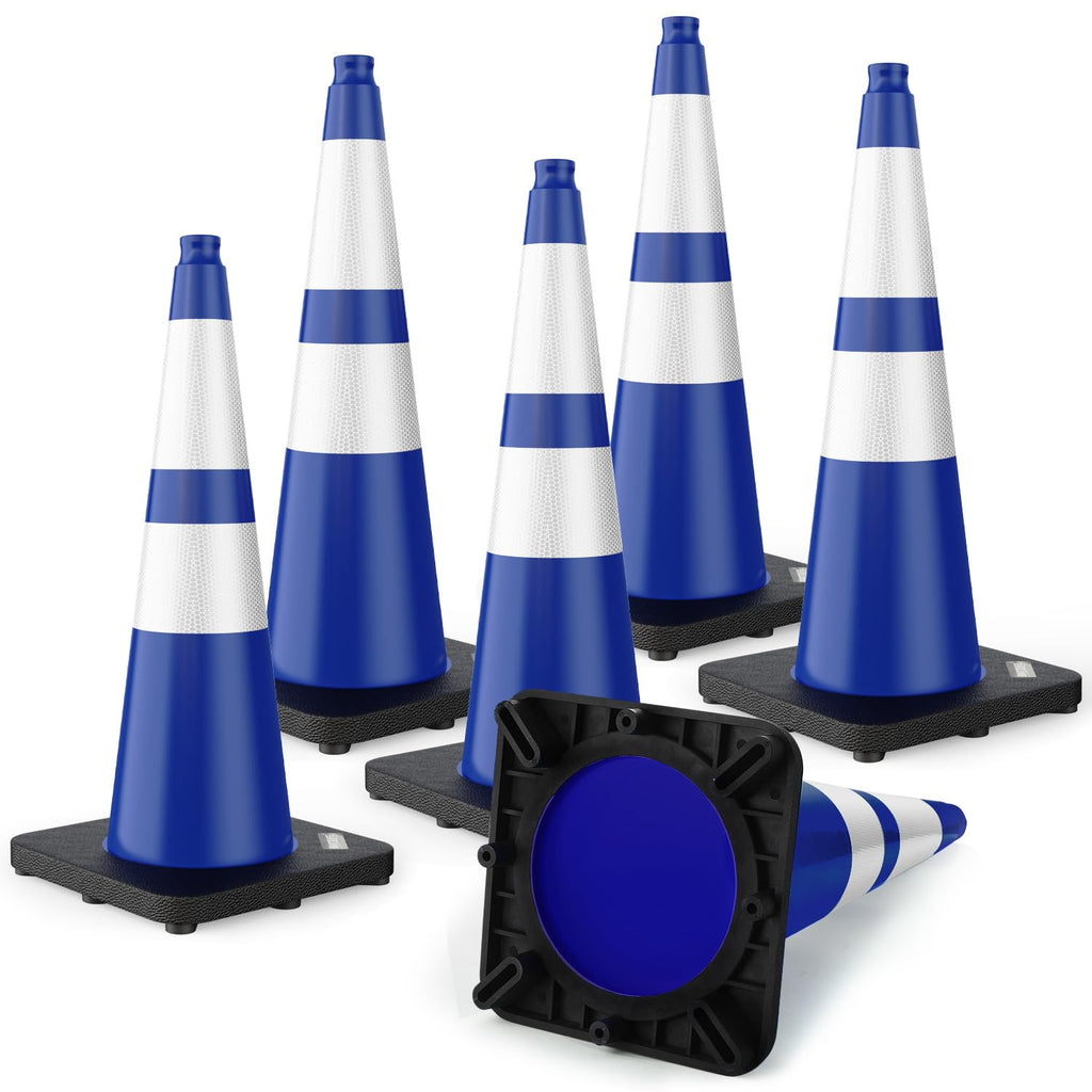 28 inch Traffic Safety Cones Blue with Weighted Base 6 Pack | Heavy duty design, reflective collars, flexible PVC