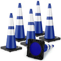 28 inch Traffic Safety Cones Blue with Weighted Base 6 Pack | Heavy duty design, reflective collars, flexible PVC