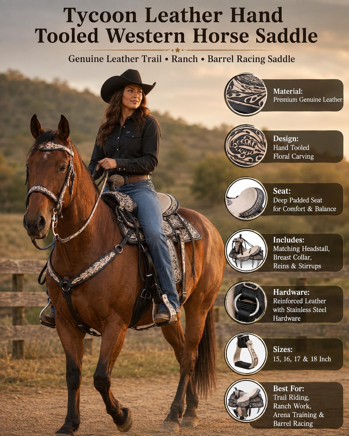 Hand Tooled Western Horse Saddle with Tack Set Genuine Leather Trail Ranch Barrel Racing Saddle Floral Carved 15-18 Inch