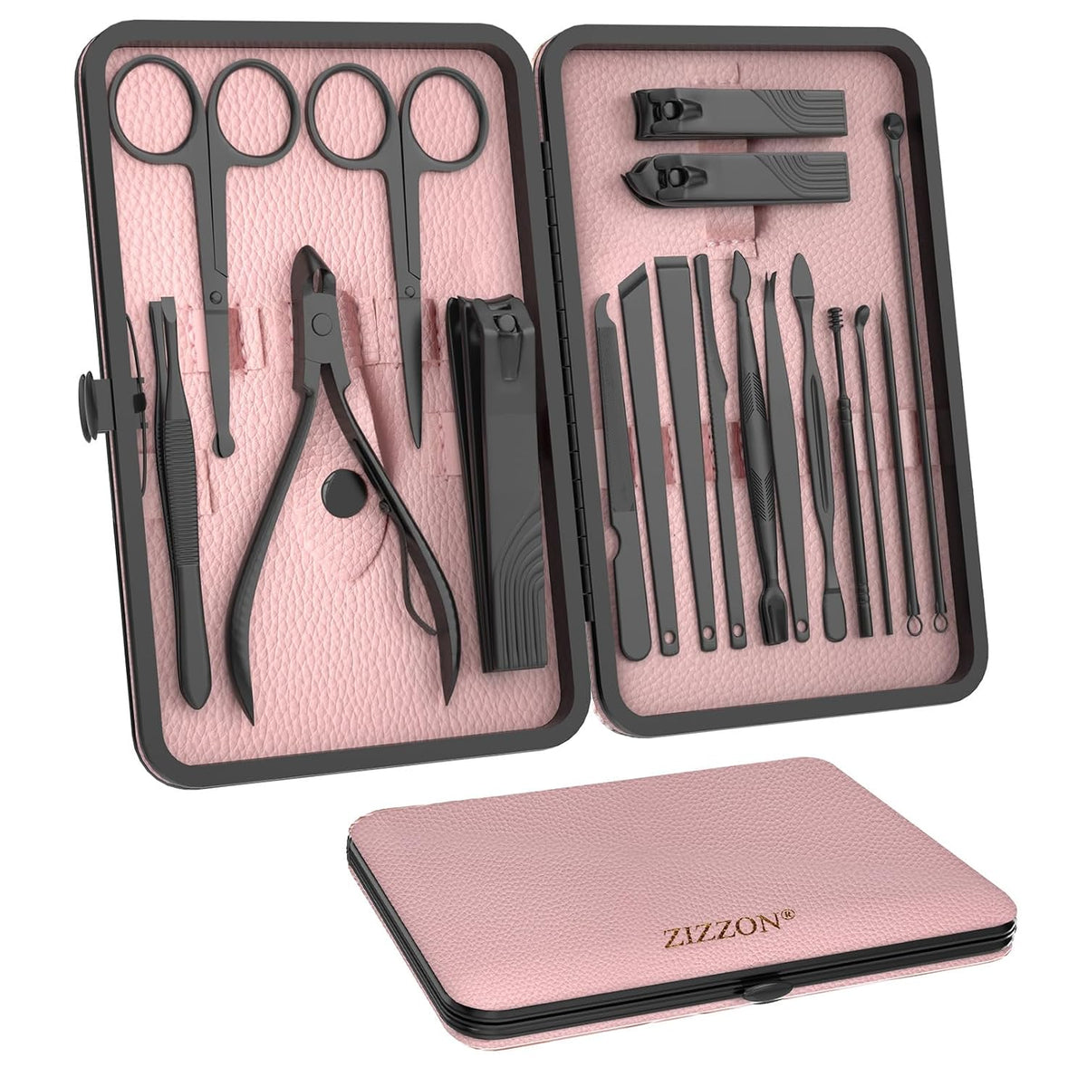 Nail Clippers Manicure Pedicure Set 18 in 1 Nail Grooming Kit with Leather Travel Case(Black/Pink)