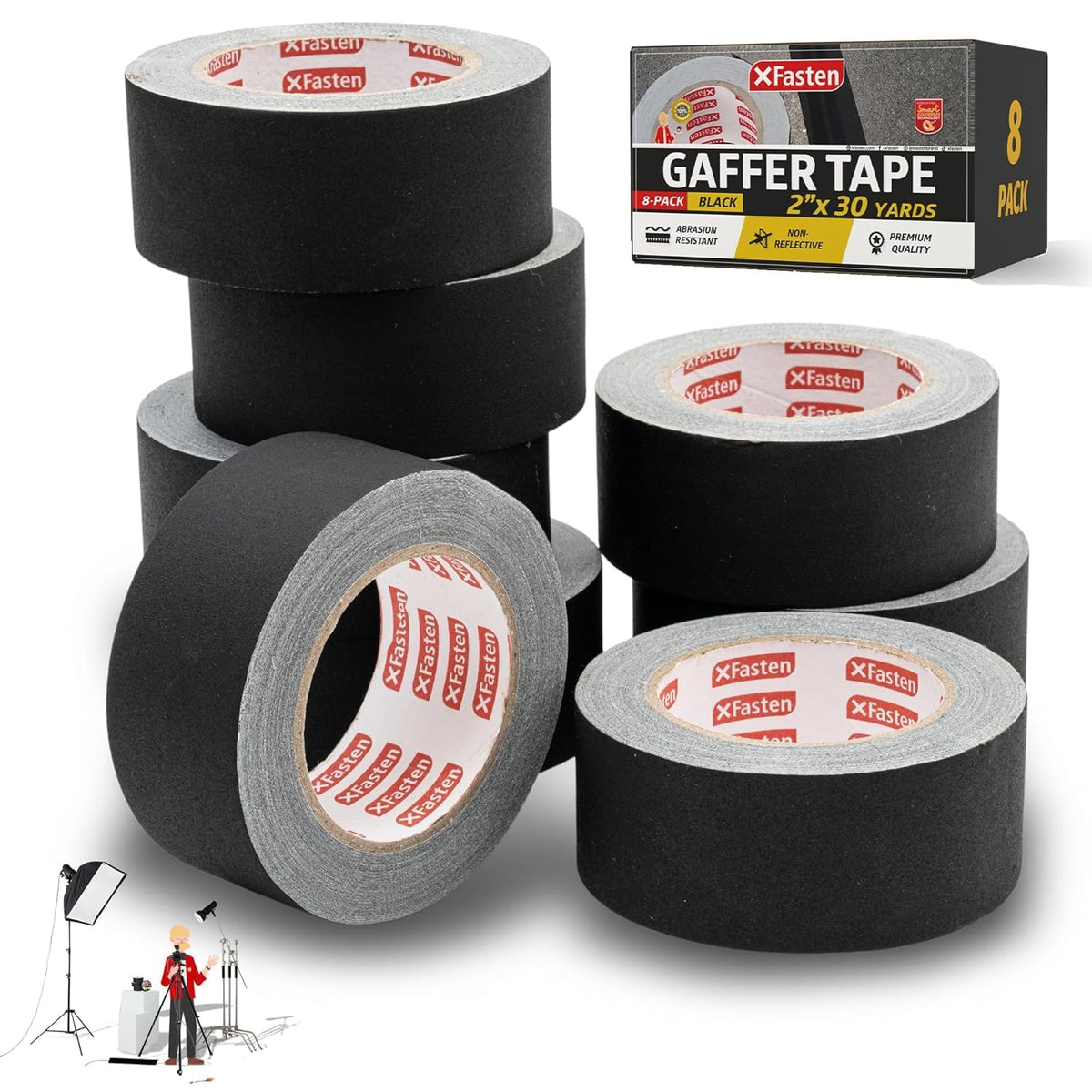 Black Gaffers Tape 2 Inch x 30 Yards Bulk - 8-Pack (720ft), Residue-Free Matte Black Gaffer Tape 2 Inch