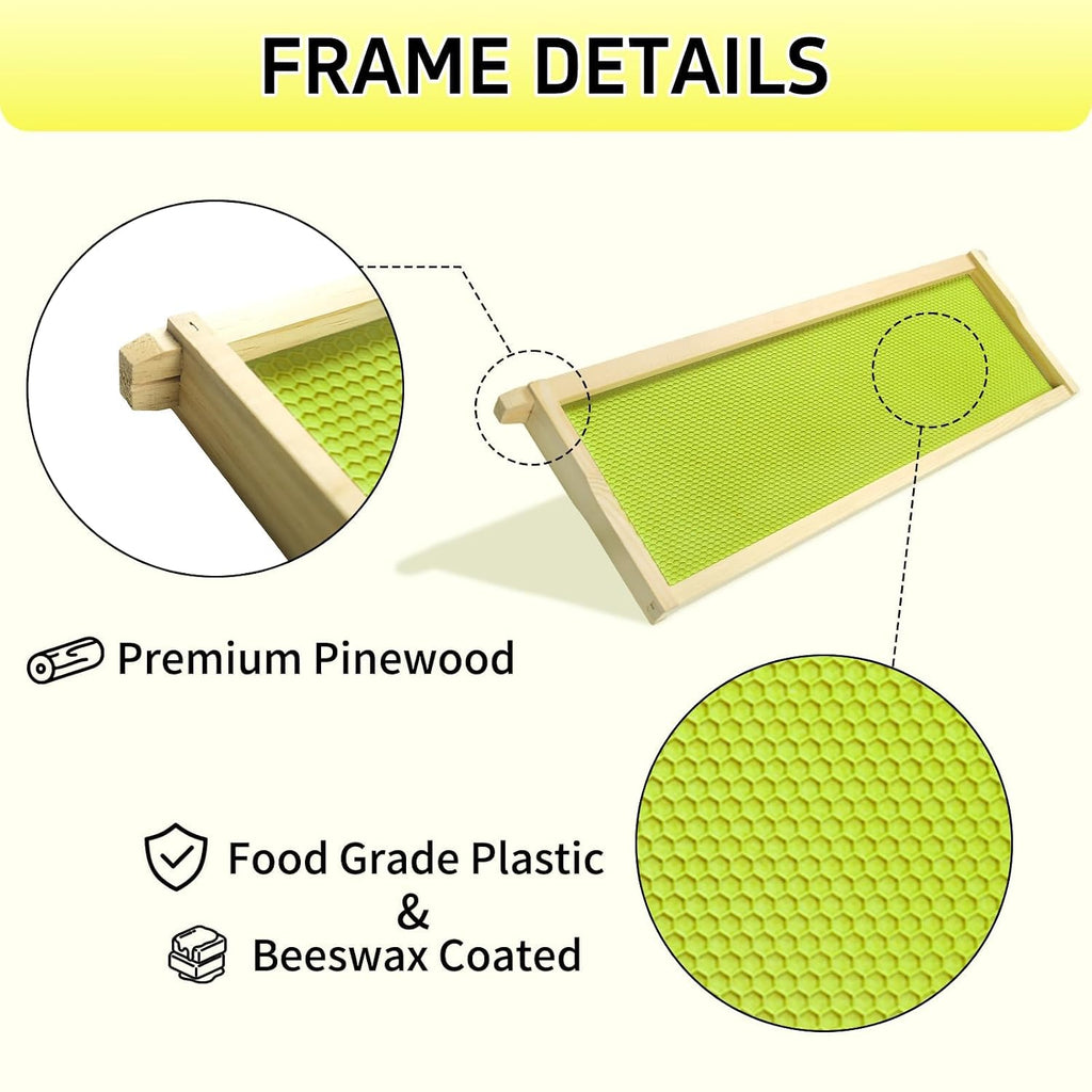 Medium Super Bee Frames with Food Grade Wax Foundations | 10 Pack, Unassembled Wood Bee Hive Frames, Beeswax Coated