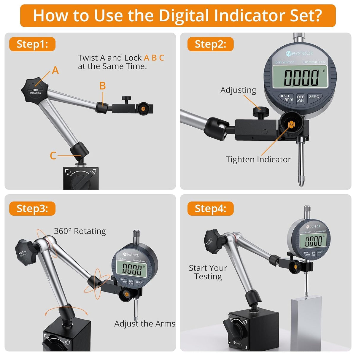 Neoteck 0-1"/0.0005" Digital Dial Indicator and 176lbs Magnetic Base Set